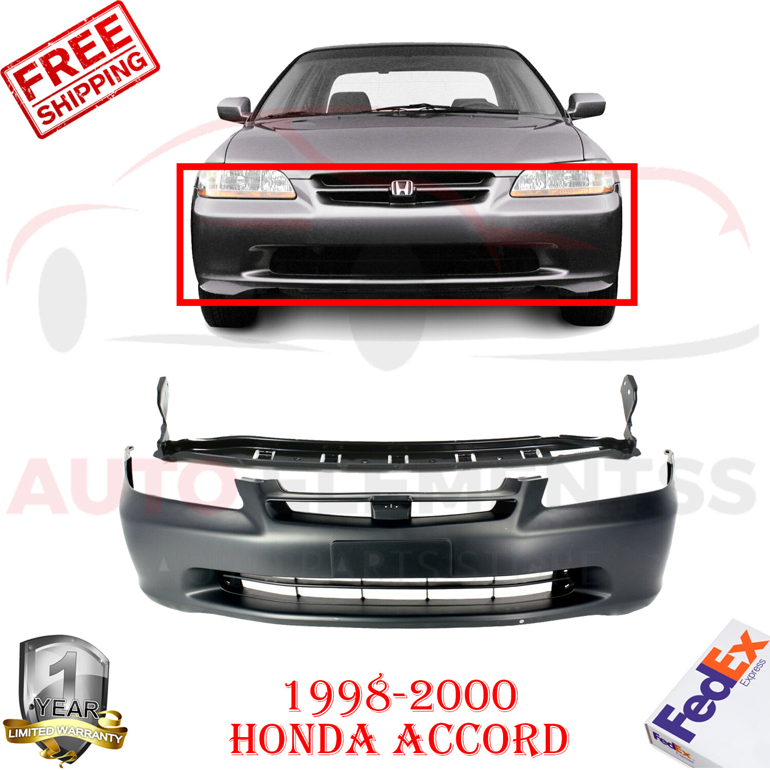 Front Bumper Cover Primed Retainer Center Beam For 98 2000 Honda Accord Sedan Ebay