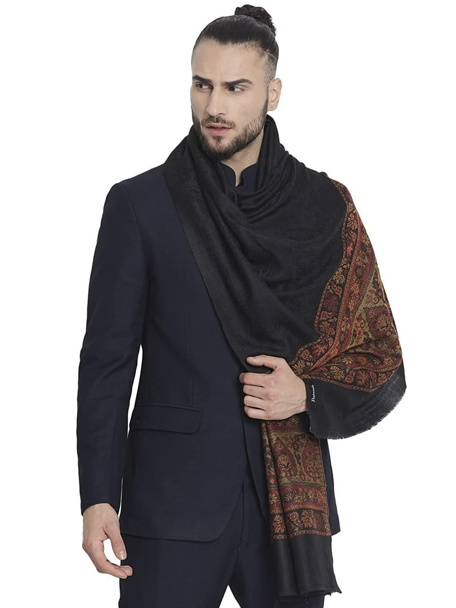 Mens Kashmiri Reversible Stole Shawl Wrap With Paisley Weave Color Evening  Black