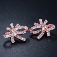 Sparkly Zircon Crystal Big Bowknot Stud Earrings Rose Gold Plated Bridal Jewelry