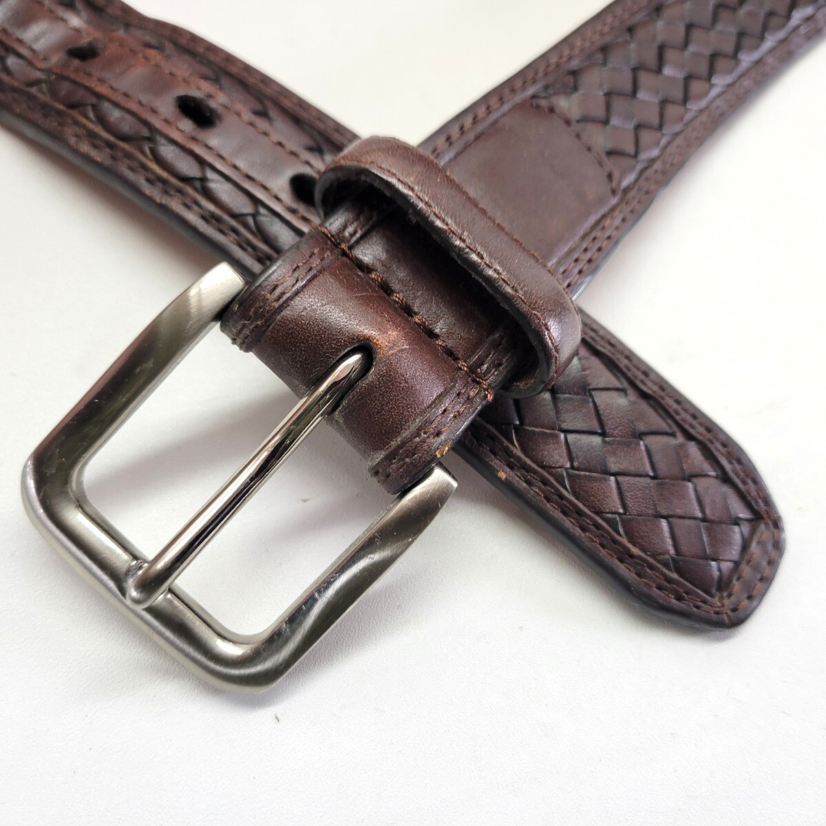 Cabelas Leather Belt 44 Top Grain Cowhide Basketweave Woven 