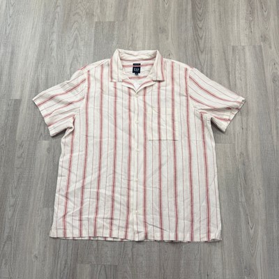 NWT Gap Short Sleeve Button Shirt Men's Large White Red Linen Blend Collared NEW