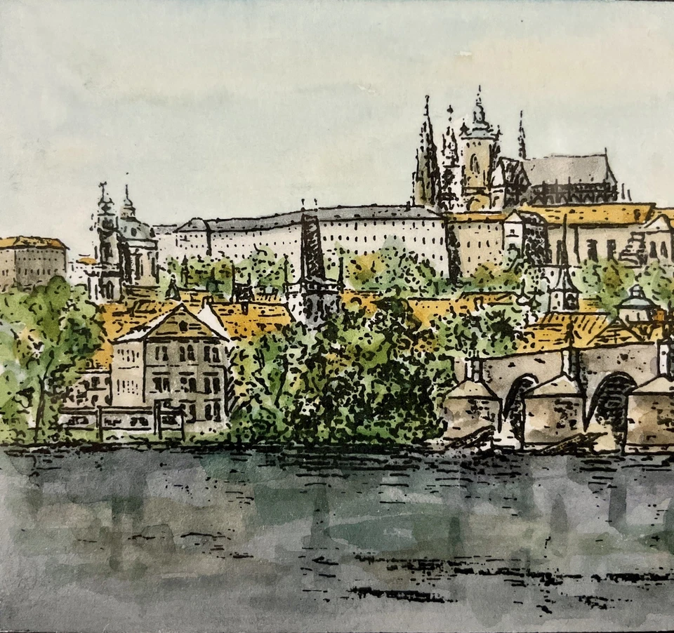 Pintura acuarela paisaje urbano firmada enmarcada vintage “Puente de Carlos en Praga” Foto 4 de 4