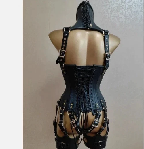 Custom Leather Restraint Dress – Bondage Harness Corset Outfit with Garter Strap - Image 3 of 4