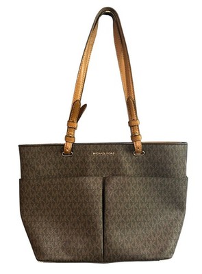 MICHAEL KORS JET SET TRAVEL MEDIUM DOUBLE POCKET TOTE SHOULDER BAG MK BROWN READ