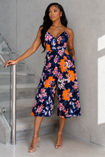 H M NWT Floral Culotte Jumpsuit Size 10 Wide Leg V Neck Tie Strap Pockets