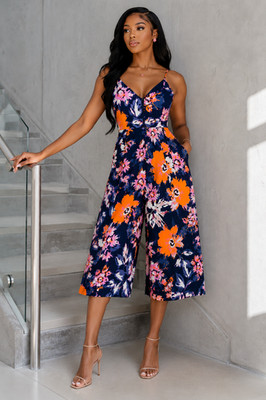 H&M NWT Floral Culotte Jumpsuit Size 10 Wide Leg V Neck Tie Strap Pockets