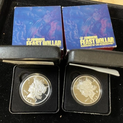 Lot of 2 - SILVER PROOF Zombucks Peace Dollars 2018 RARE! With Boxes Bullion