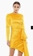 Mac Duggal Womens 6 Yellow Satin High Neck Long Sleeve Asymmetric Sheath Mini