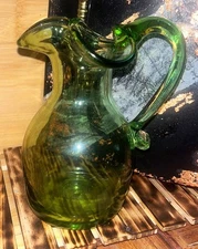 Rainbow Glass Hand Blown Green Vase Art Glass Ruffle Rim Vintage Decor