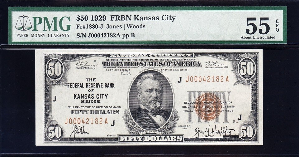 Amazing Crisp HIGH GRADE 1929 $50 KANSAS CITY Brown Seal FRBN! PMG 55 ...