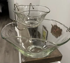 Vintage MCM Indiana Glass Co. 3 Piece Modern TriTop Clear Glass Chip & Dip Set. 