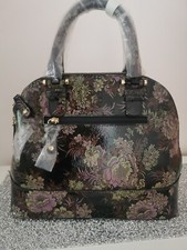 Black Top Handle Bag with Floral Print, Patent Effect, Justfab.