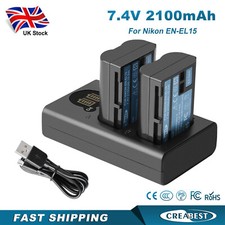 2Pcs EN-EL15 EN-EL15A Battery+Charger For Nikon D750 D780 D800 D7100 D7200 D7500