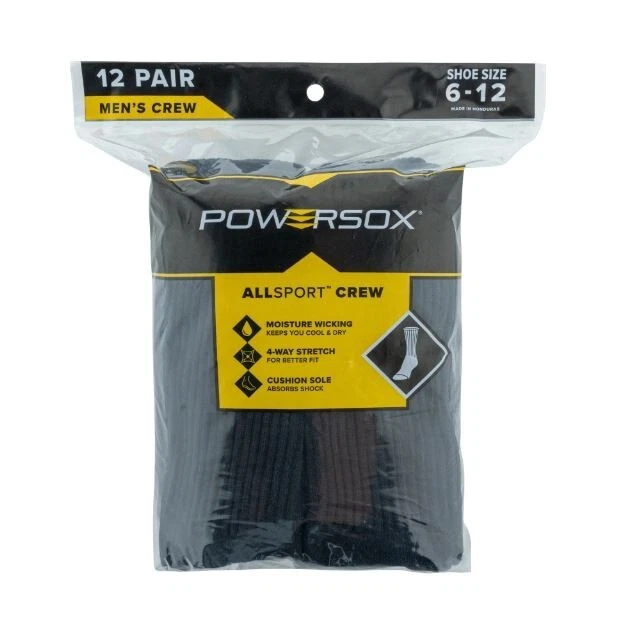 Men's Powersox All Sport Moisture Wicking Crew Socks 12 Pair Black Large 6-12