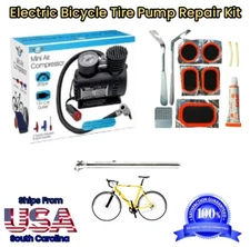 12 v Mini Bicycle Tire Inflator Pump Kit Inner Tube Repair Tools Air Gauge 