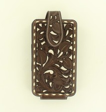 M F Western Nocona Leather Tooled Cell Phone Case With White Underlay