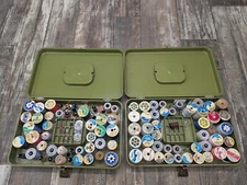 Vintage Green  Plastic Sewing Boxes Pair  With Many Various  Spools Of Thread. 