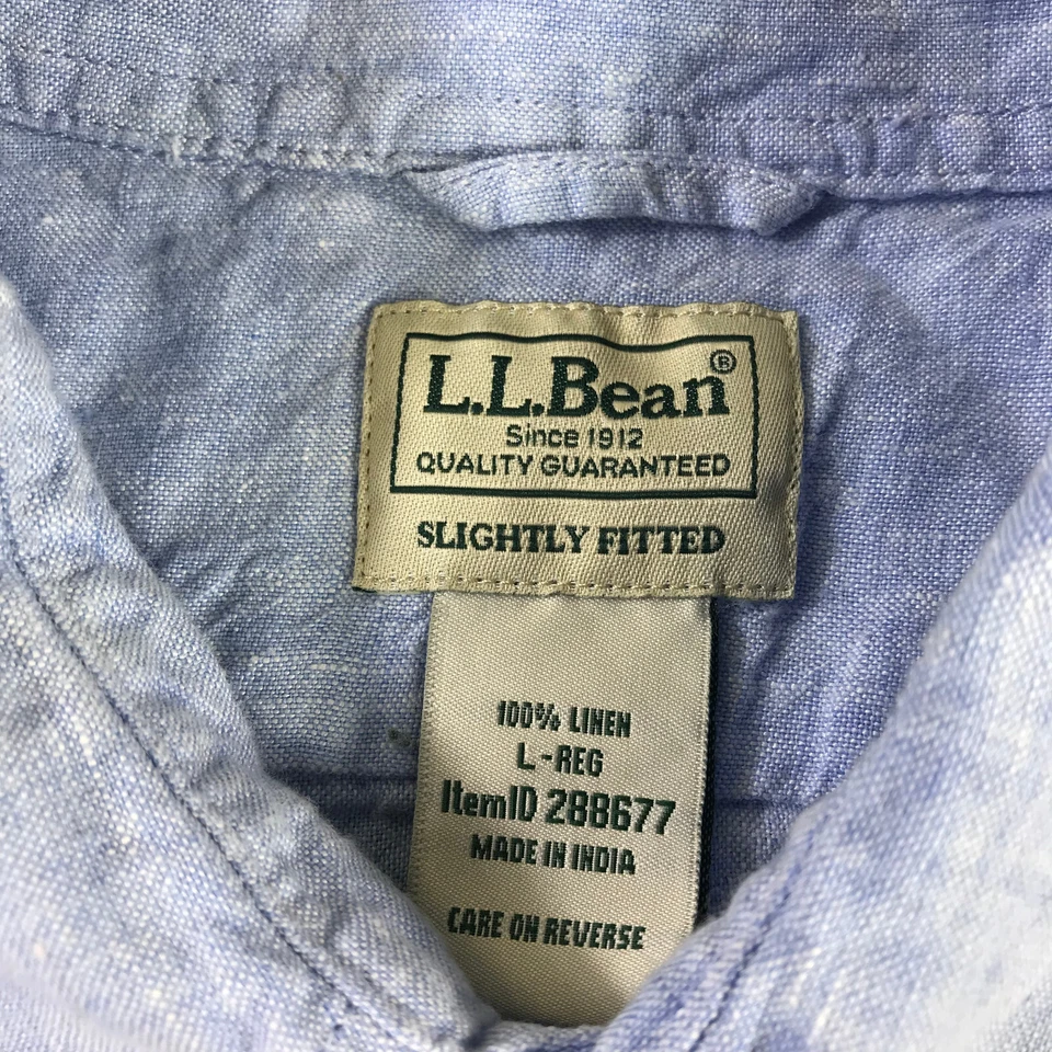 LL Bean Shirt Mens Large Button Up Linen Slightly Fitted Blue Hawaiian Camp - Image 4 of 4