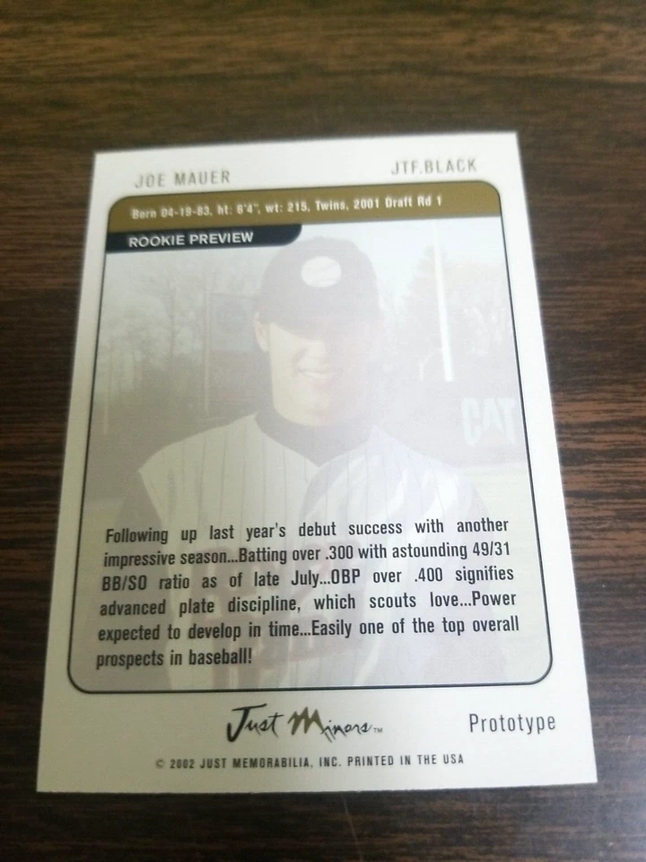 Prototipo de tarjeta de Joe Mauer 2002 Just Minors #Jt.Black Twins (high school prospect) Foto 2 de 2