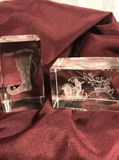 3D LASER ETCHED CRYSTAL PAPERWEIGHTS (2)  Plexi/ Glass Christmas Reindeer Boxes