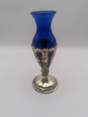 Colbalt Blue Mini Bud Vase With Ornate Design Art Deco Style 5''