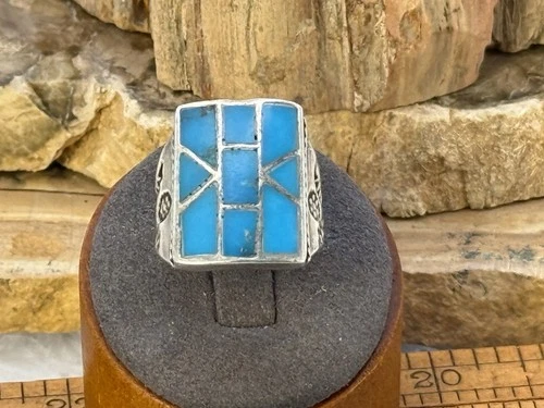 Vintage Native American Silver Mosaic Turquoise Inlay Ring sz 9.5--227.26