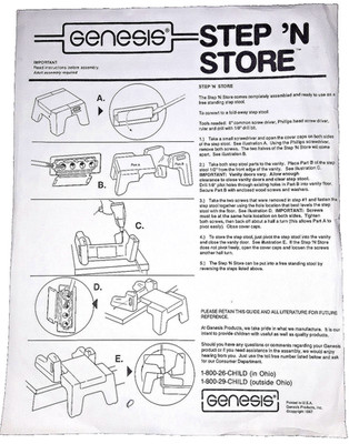 ''STEP 'N STORE'' INSTRUCTION SHEET for Child's Step Stool (Genesis Products) 1987