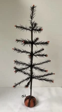 Halloween 20” Black Faux Feather Tree Black With Orange Tips Pumpkin Base EUC