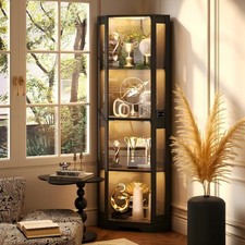 65“ Tall Corner Display Cabinet Curio Cabinet with Glass Doors & 3-Color Lights