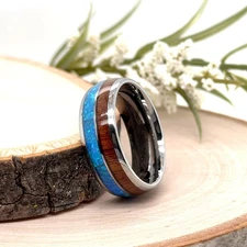 8mm Silver Tungsten Carbide Ring Blue Fire Opal and Koa Wood Inlay Unisex Band