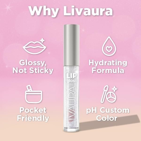 Clear plastic jar of Shimmer Lip Gloss pH activated with silver lid, labeled with red, white, and gold text and icons.