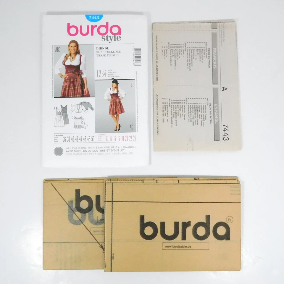 Burda 7443 Misses Dirndl Costume Pattern Size 10-24 Uncut Apron Fitted Ruffles - Image 2 of 4