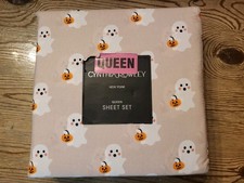 Cynthia Rowley Queen Sheet 4 Piece Set Halloween Ghost With Pumpkin Adorable