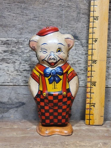Vintage 1940s J. Chein & Co. Tin Litho Windup Fair Prized Pig Piggy Walker Works