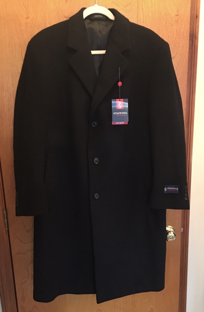 NEW MEN'S STAFFORD WOOL BLEND BLACK TRENCH COAT. WATER REPELLANT