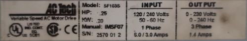 Unidad de CA AC Tech SF103S velocidad variable 0,25 HP usada - Imagen 5 de 8