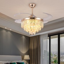 42" Crystal Ceiling Fan Chandelier 3 Color Led Light w/Remote Retractable Blades
