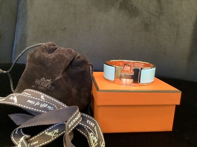Hermes Rose Gold Bleu Glacier Pm Clic Clac H Bracelet Cuff New In Box