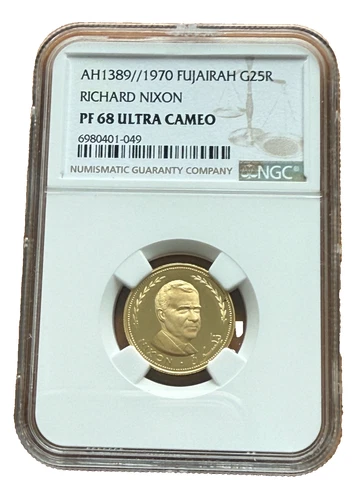 Fujairah 1970 Gold 25 Riyals NGC PF68UC Richard Nixon