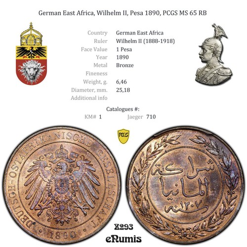 German East Africa, Wilhelm II, Pesa 1890, PCGS MS 65 RB - Picture 5 of 8