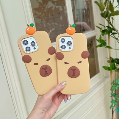 For iPhone 12 13 15 16 Pro Max Cartoon 3D Cute Capybara Silicone Soft Case Cover