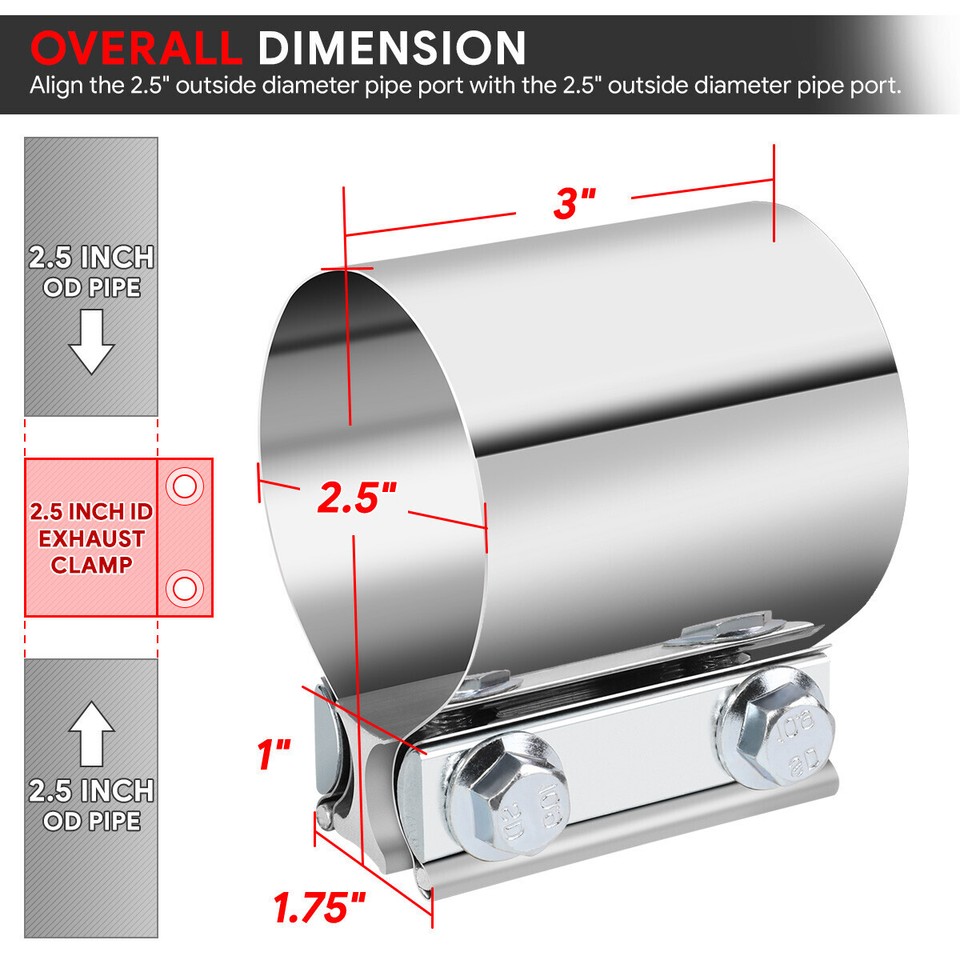2 In Stainless Exhaust Pipe 2-Pack Of 2.5" Stainless Steel T304 Exhaust Clamps &ndash; Butt Joint Band Style, Polished Finish Exhaust Pipe Coupler