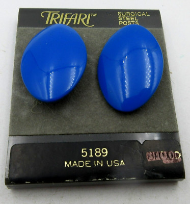NEW VTG TRIFARI  blue pierced pair oval stud Earrings May Co tag costume jewelry