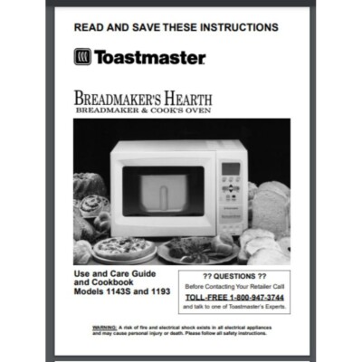 Toastmaster 1143S  1193 Bread Maker Cook's Oven owner Recipe Manual(Only!) 60pg