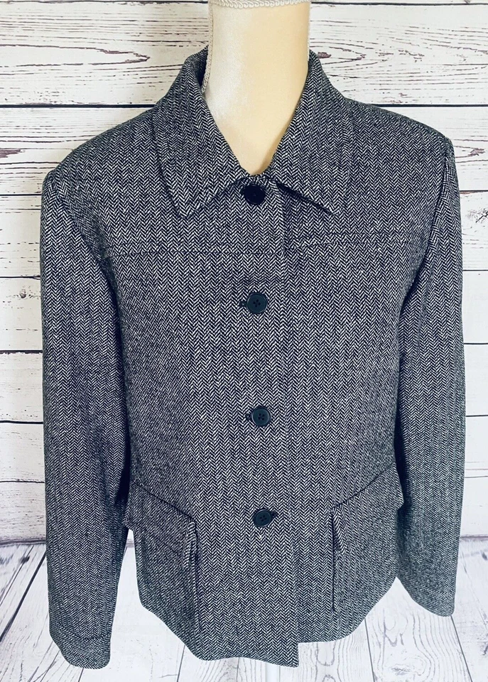 Blazer Harold’s para mujer talla 12 negro blanco con botones forrado bolsillos mezcla de lana Foto 2 de 4