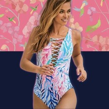 Lilly Pulitzer Womens Swimsuit 0 Isle Lattice One Piece Colorful Coral Print