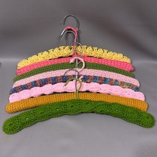 Lot Of 8 Vintage Handmade Crocheted / Knitted Wooden Hangers Multicolor