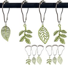 Green Leaf Shower Curtain Hooks,12Pcs Cute Plant Leaves Metal Rustproof Shower