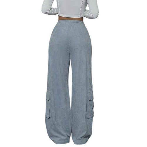 Y2k High Waist Blue Wide Leg Cargo Utility Pants L Pockets Streetwear Adjustable - Picture 2 of 9
