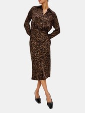 Brown Leopard Print Collared Midi Shirt Dress Long Sleeve for Women